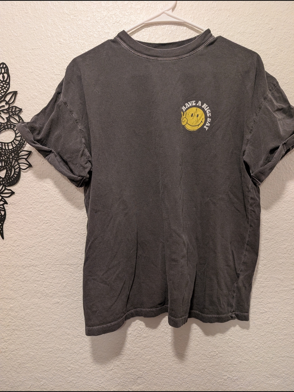 Altar'd State Charcoal Gray T‑Shirt with Yellow Smiley Graphic